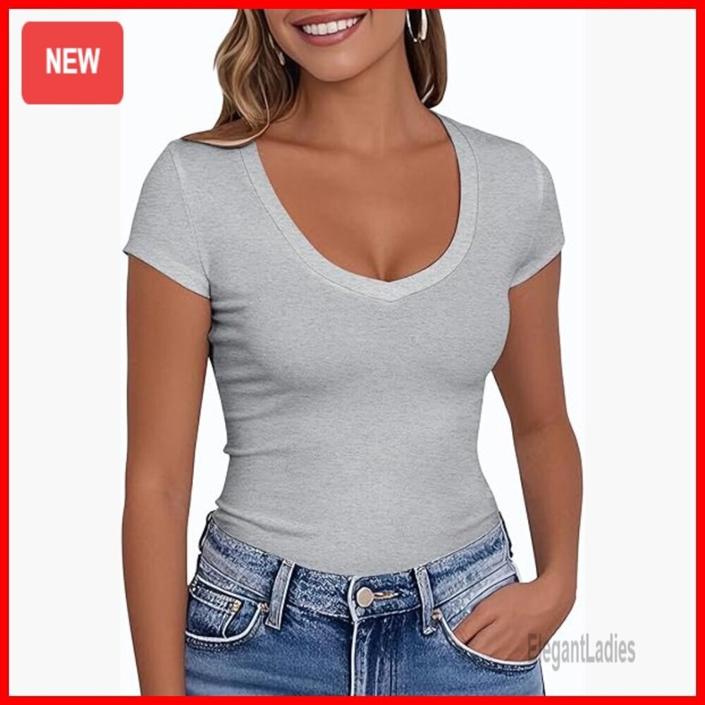 V-Neck Stretchy T-Shirt, Short Sleeve Basic Top, Casual Summer Wear